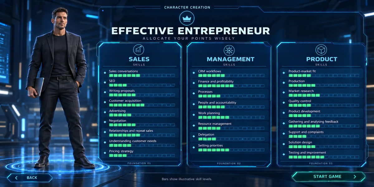 An effective entrepreneur allocates points across sales, management and product.
