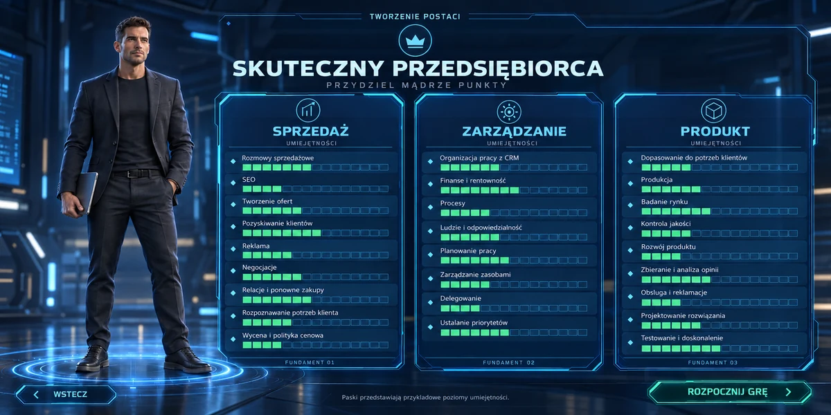 Skuteczny przedsiębiorca: punkty rozdzielone między sprzedaż, zarządzanie i produkt.