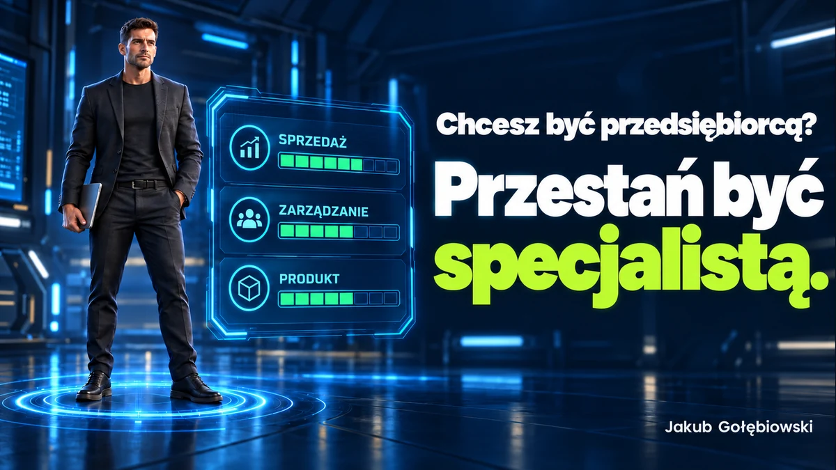 Ekran tworzenia postaci przedsiębiorcy: sprzedaż, zarządzanie i produkt jako umiejętności do rozwijania.