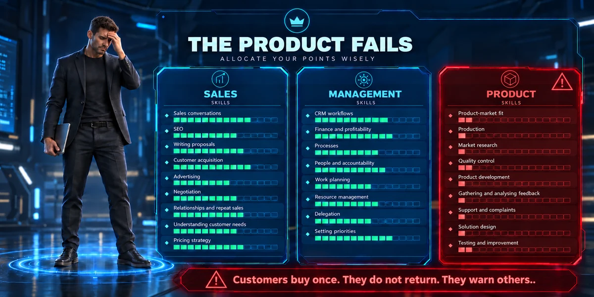 The product fails: customers buy once, do not return and warn others.