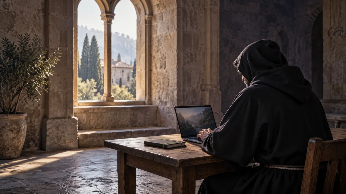 A man in a monk’s robe working on a laptop in a quiet monastery, an illustration of temporary monasticism